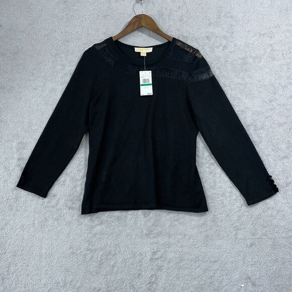 NEW Michael Kors Womens L Crewneck Lace Long sleeve Knit Top Black - Picture 1 of 9